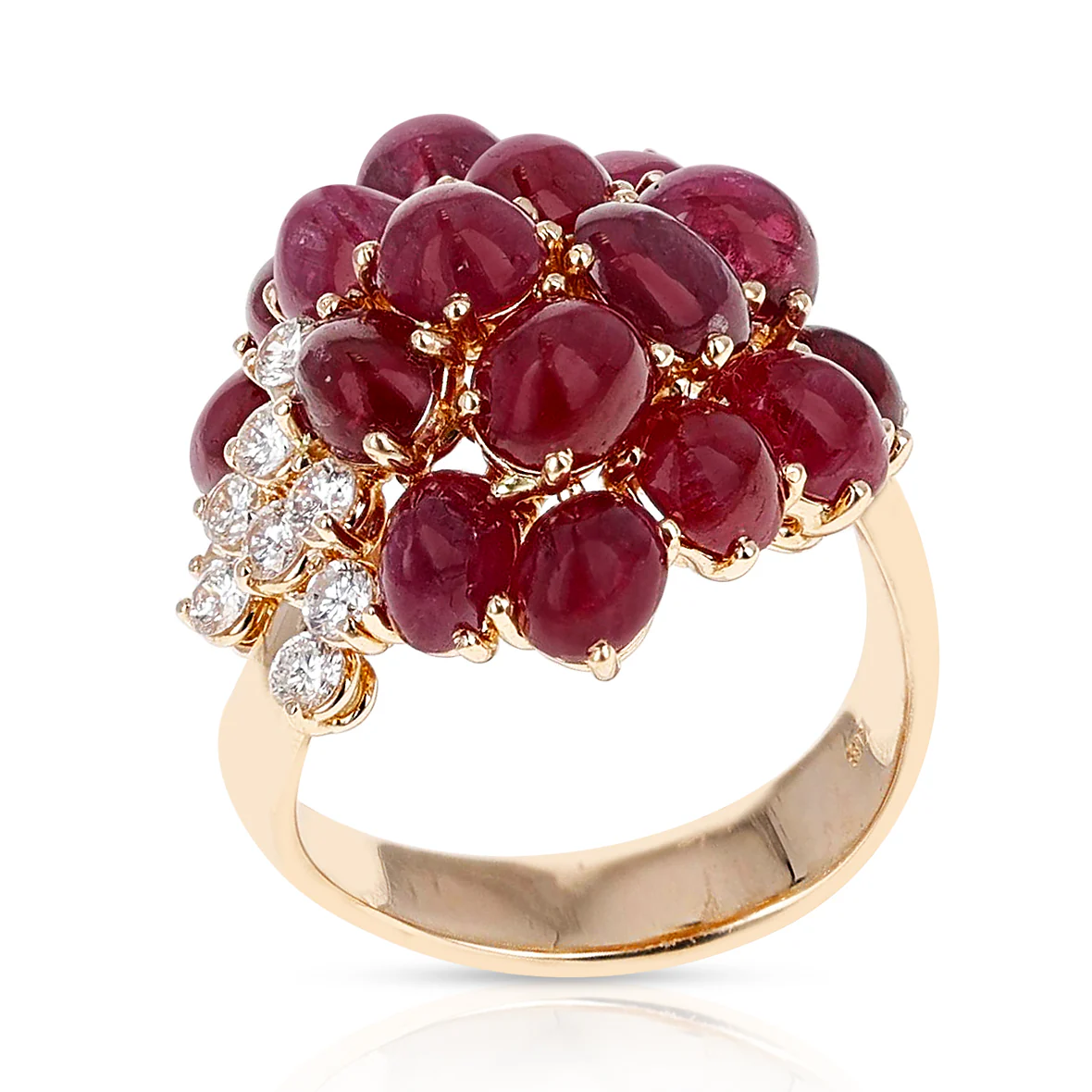 Ruby Cabochon Cluster Ring with Round Diamonds, 18 Karat Yellow Gold