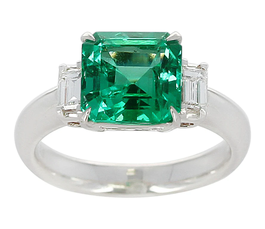 GIA Certified 2.78 Carat Radiant-Cut Colombian Emerald and Diamond Ring, Platinum