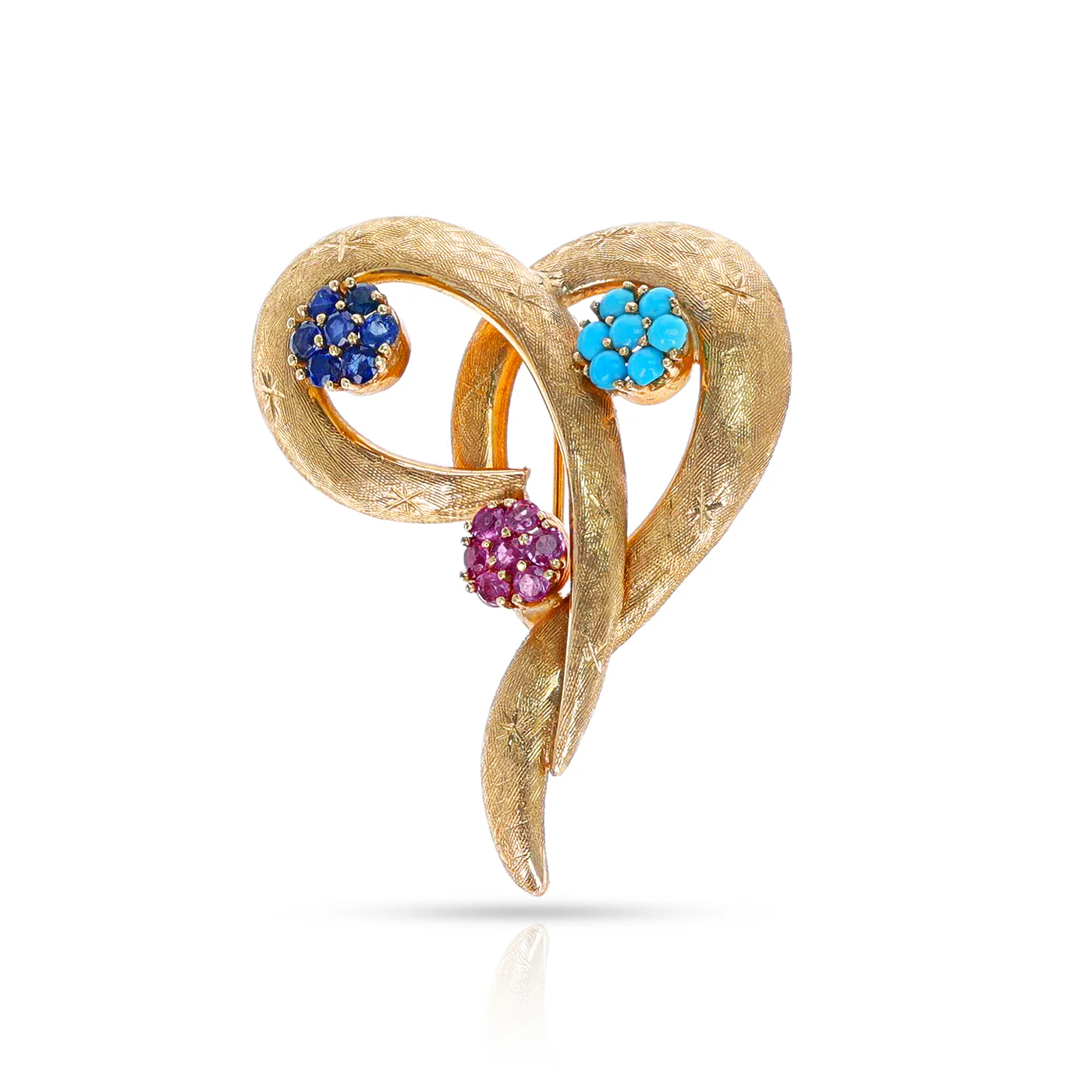 Ruby, Sapphire and Turquoise Heart Brooch, 14k