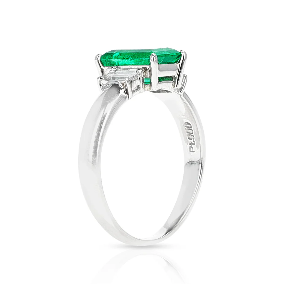 Emerald-Cut Emerald and Diamond Three Stone Engagement Ring, Platinum
