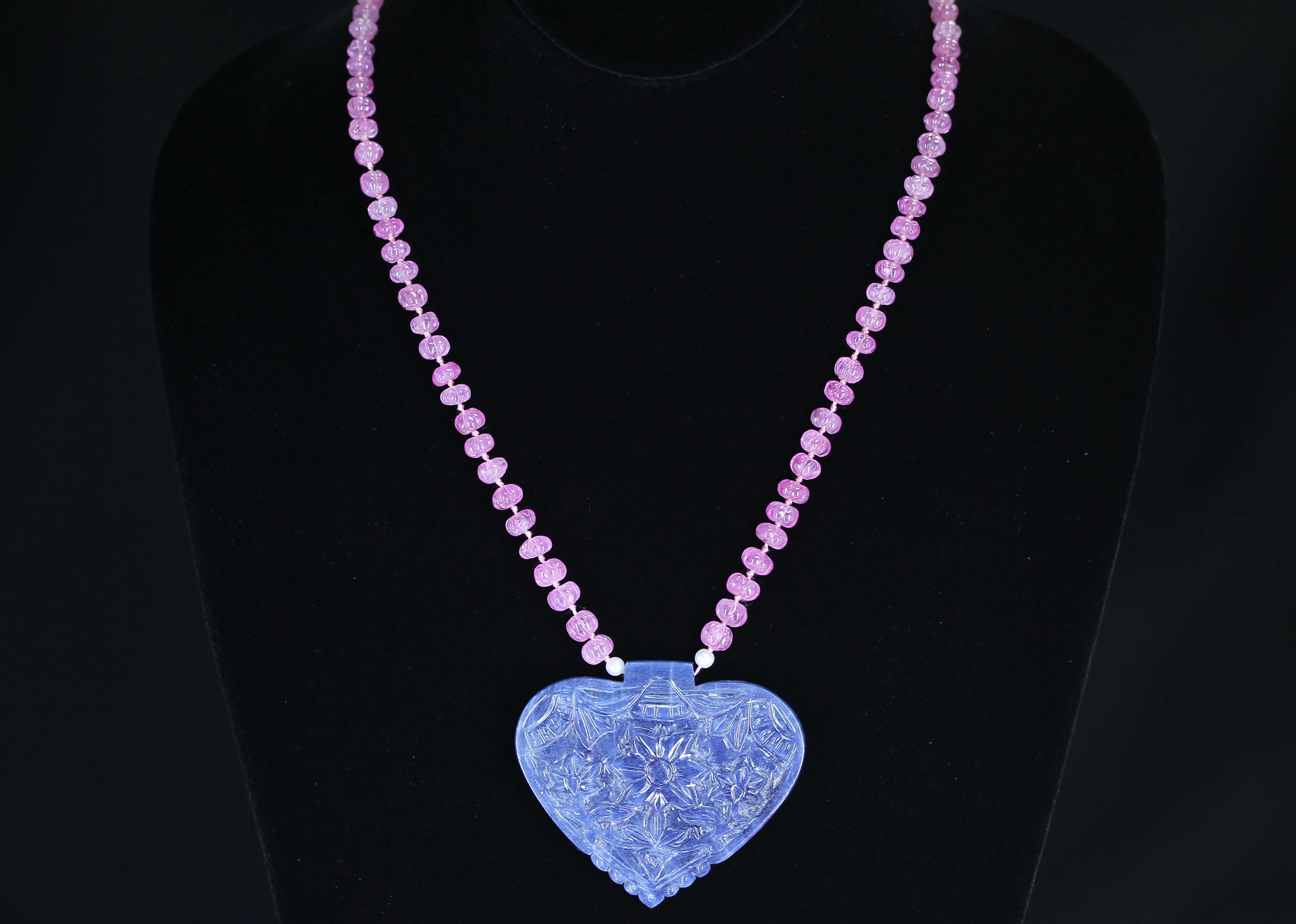 Heart-Shaped Sapphire Carving Necklace with Pink Sapphire Carved Beads, 14K