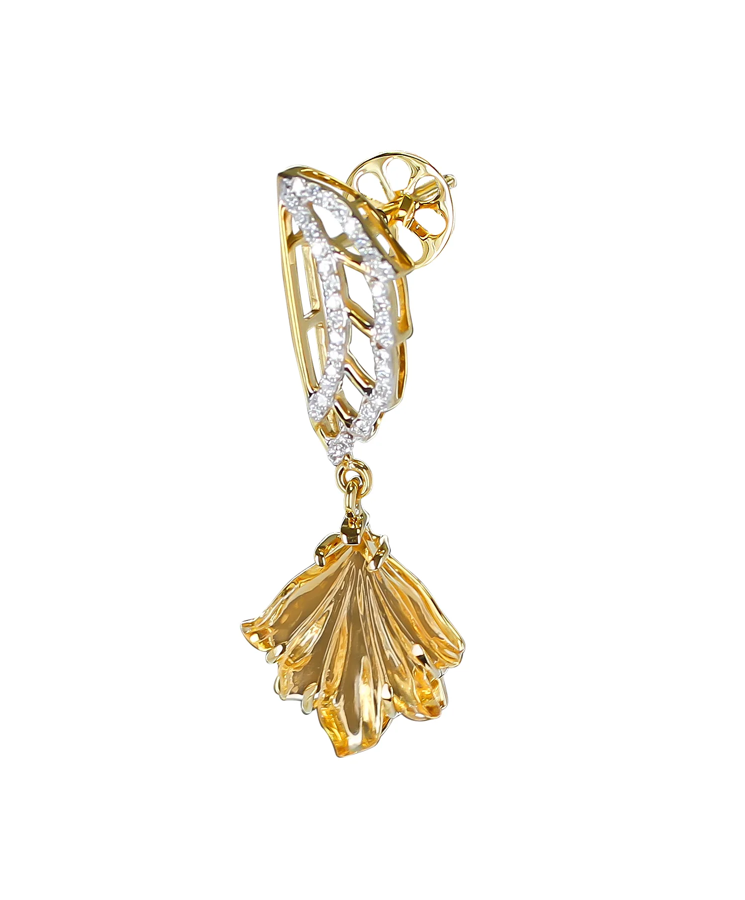 Carved Citrine and Diamond Wing Earrings, 14K Gold