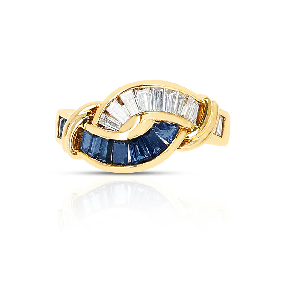 Sapphire and Diamond Baguette Double Swerve Ring, 18K