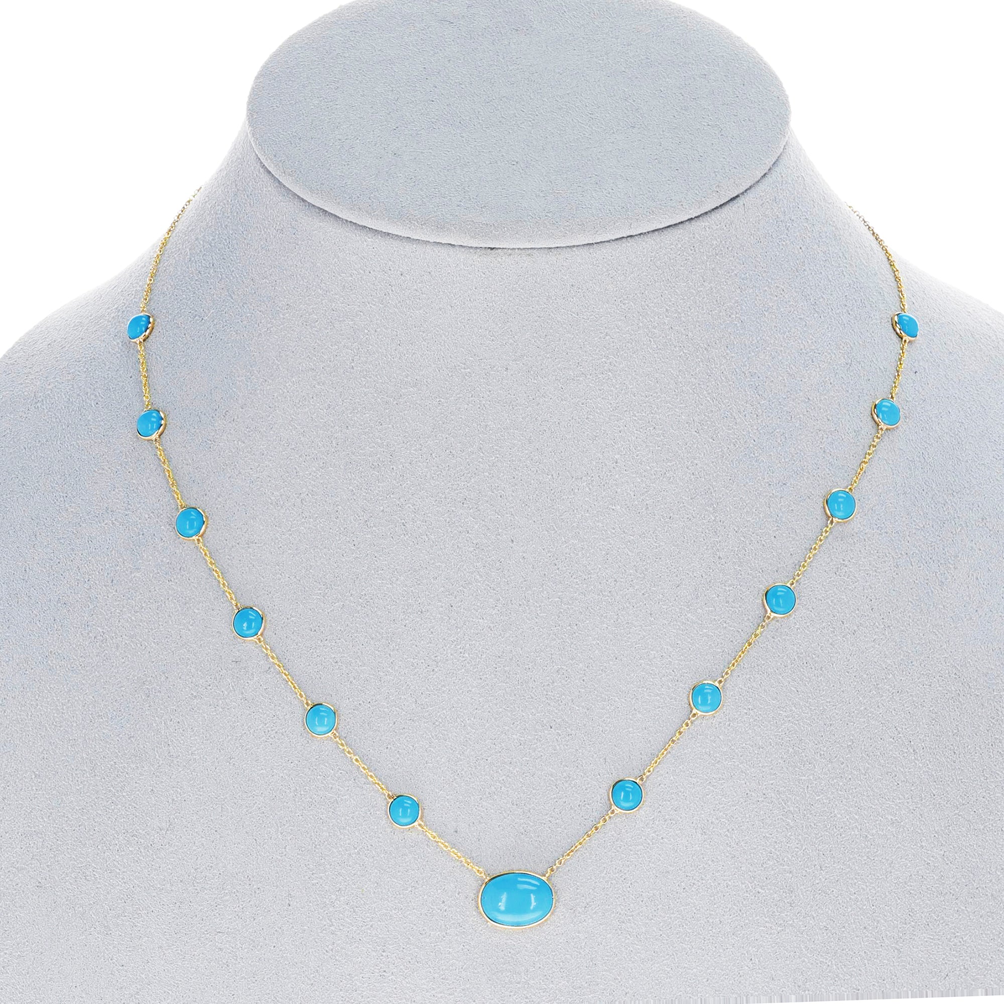 Round Turquoise Cabochon with One Oval Cabochon Necklace, 18K