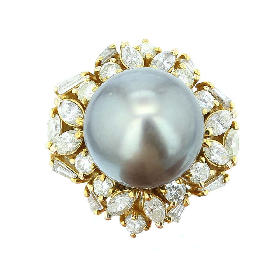 Gray Tahitian Cultured Pearl and Diamond Ring, 14 Karat Yellow Gold