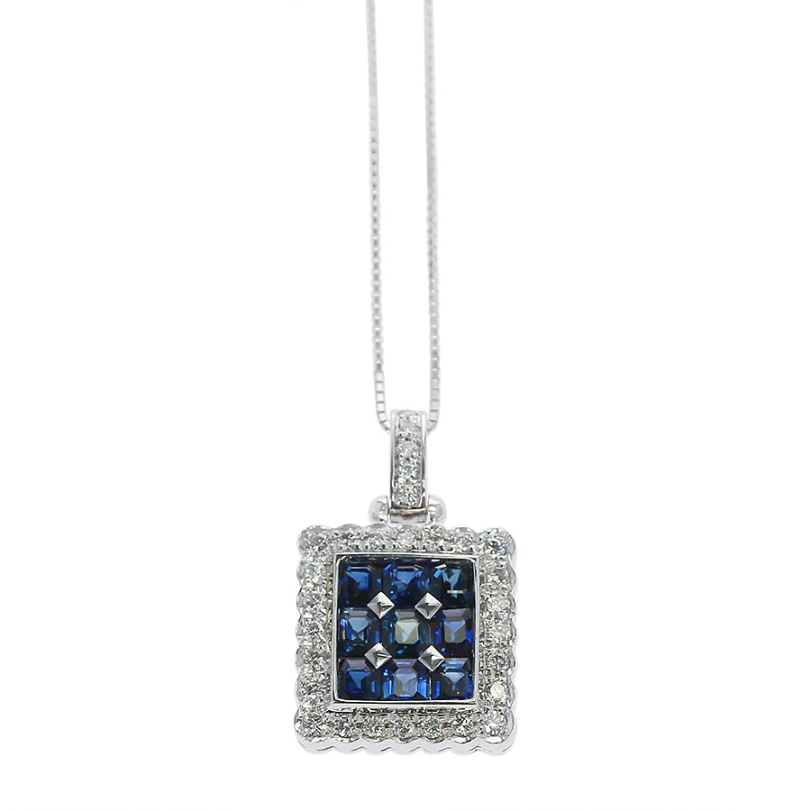 Square Mystery Set 9 Stone Sapphire Pendant with Diamonds, 18K White Gold