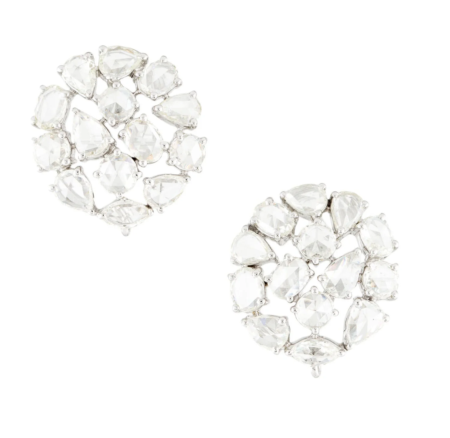 Diamond Rose Cut Round Earrings, 18 Karat White Gold