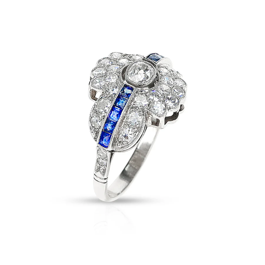 Art Deco-Style Diamond and Sapphire Ring, Platinum