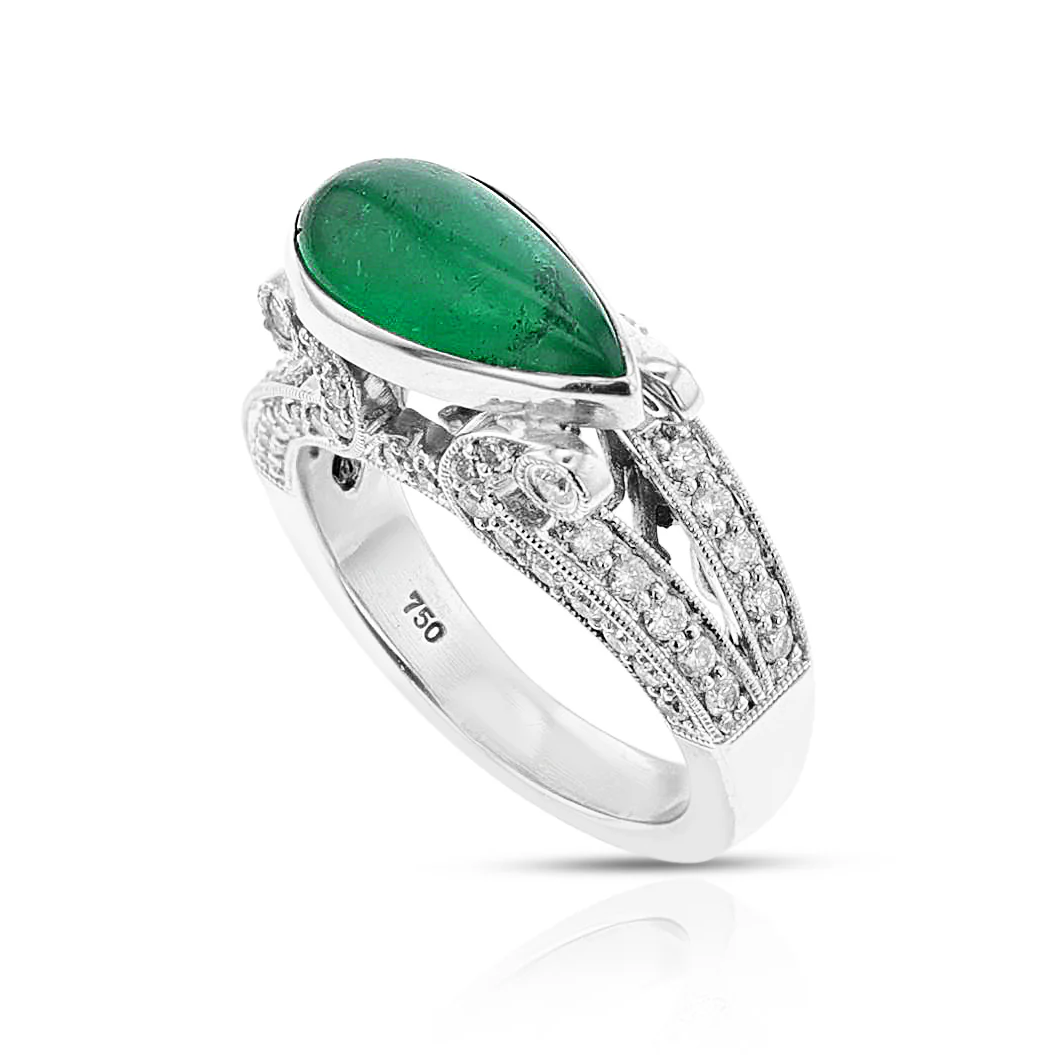 Pear Emerald Cabochon and Diamond Ring, 18k