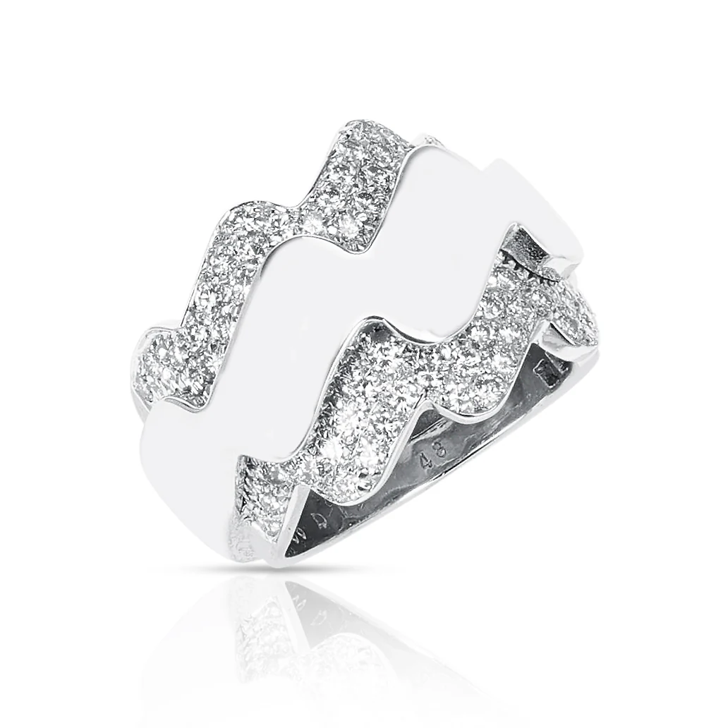 French Van Cleef & Arpels Wave-Style Ring with Diamonds, 18K Gold