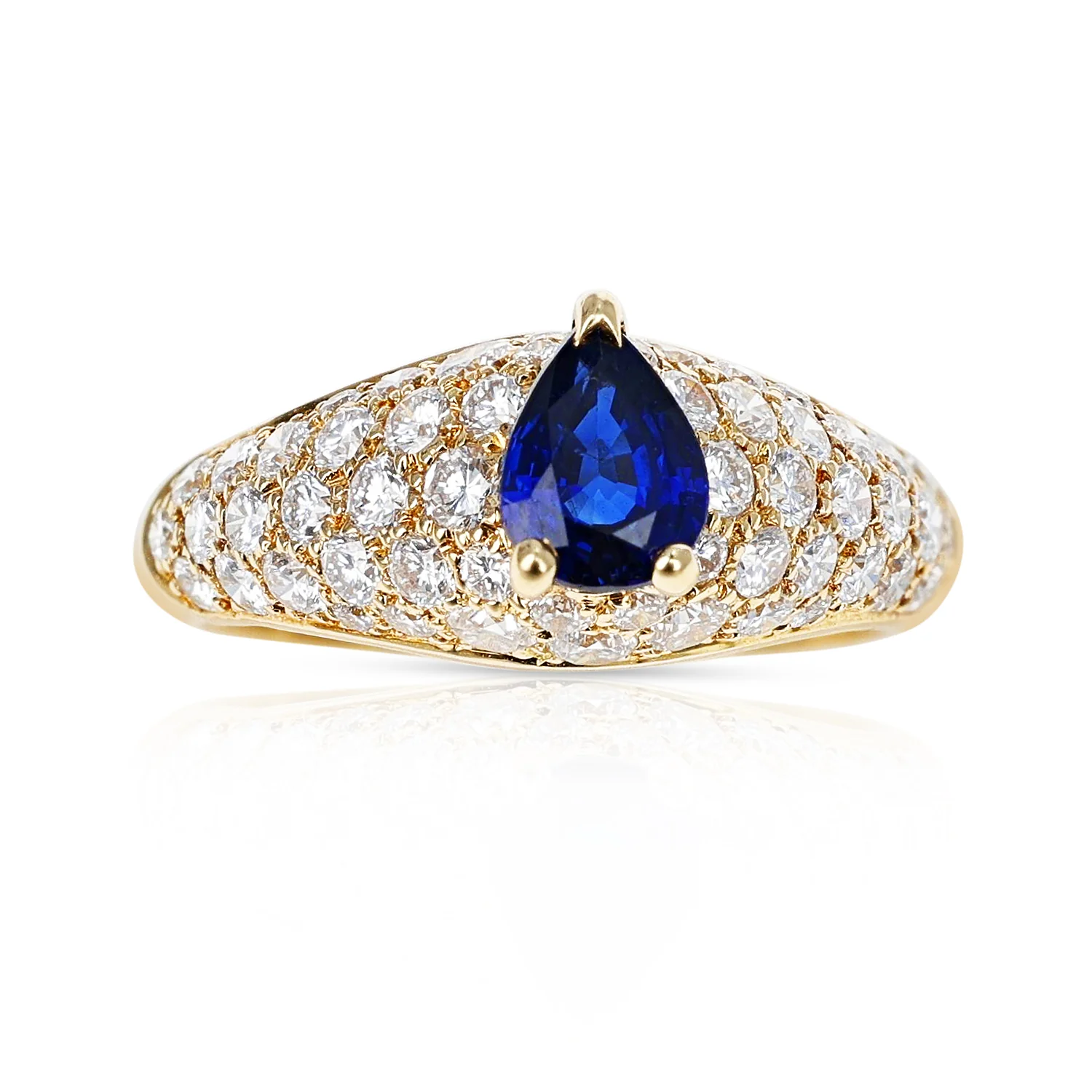 French Cartier Pear Shape Blue Sapphire Ring with Diamonds, 18 Karat Yellow Gold