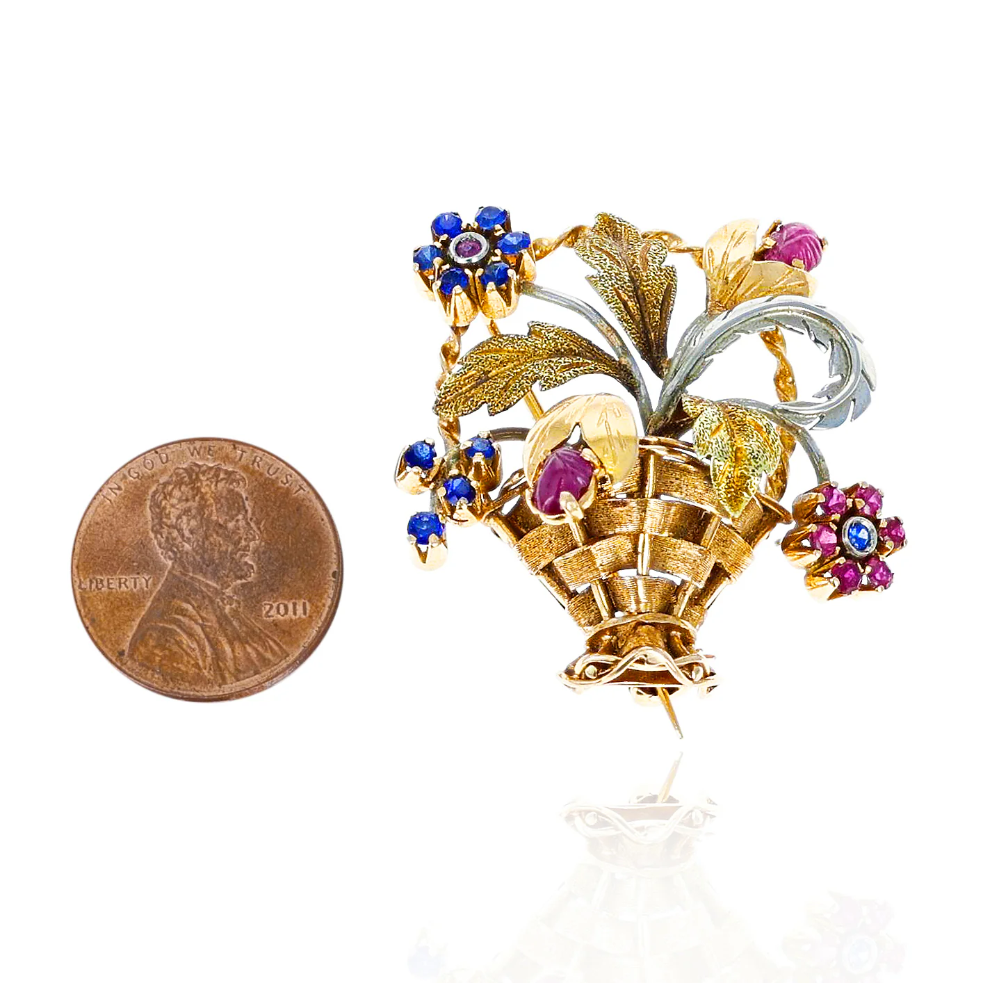 Cartier Ruby and Sapphire Flower Bouquet Brooch, 18 Karat Two Tone Gold