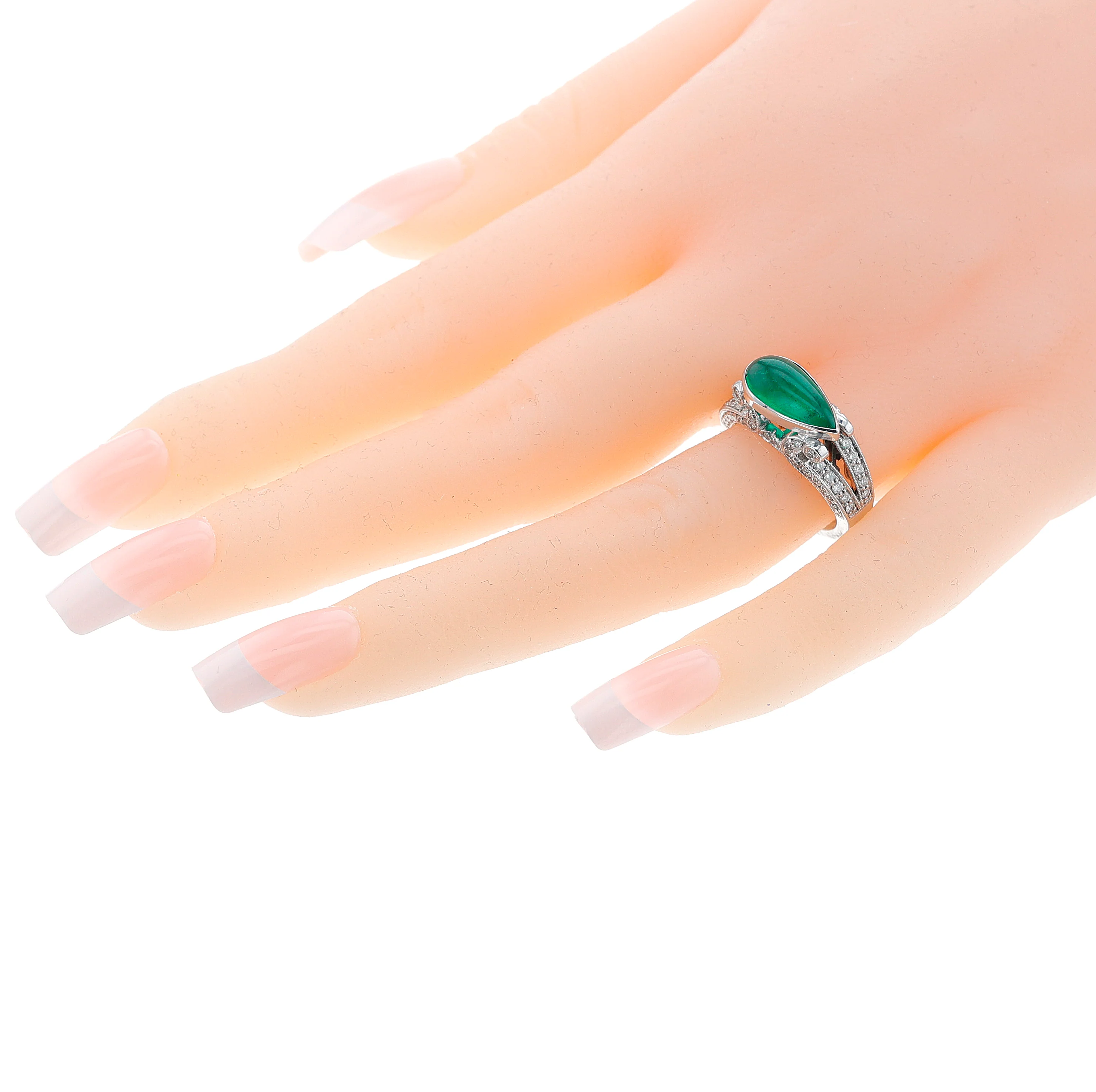 Pear Emerald Cabochon and Diamond Ring, 18k