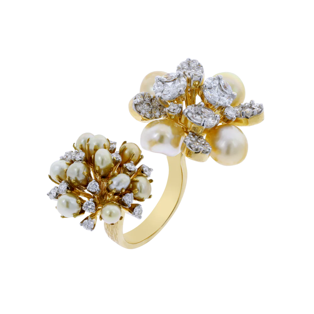 Pearl Clusters Open Ring with Mixed Cut Diamonds, 18K Gold