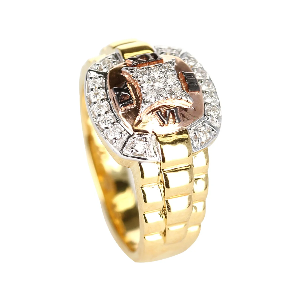 Diamond and Watch Band Style Ring, 14K Yellow and Rose Gold
