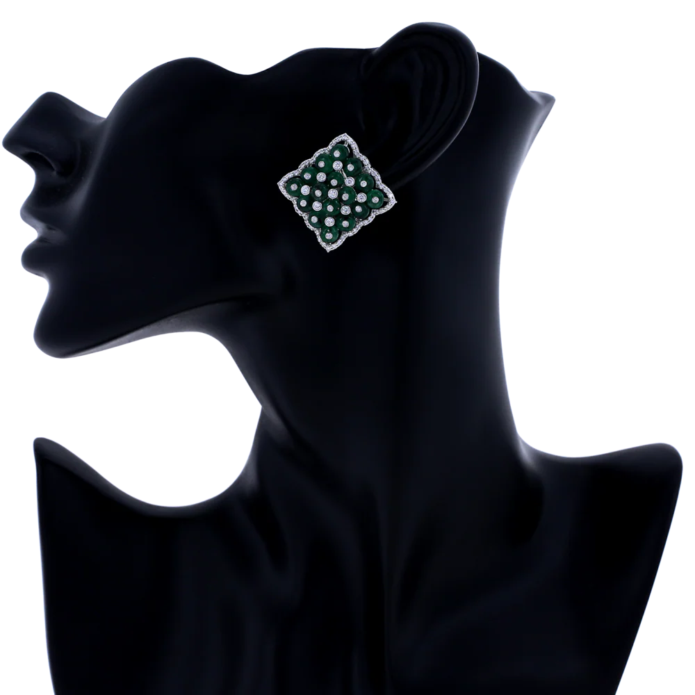 Square Emerald Earrings with Diamonds, 18K White Gold