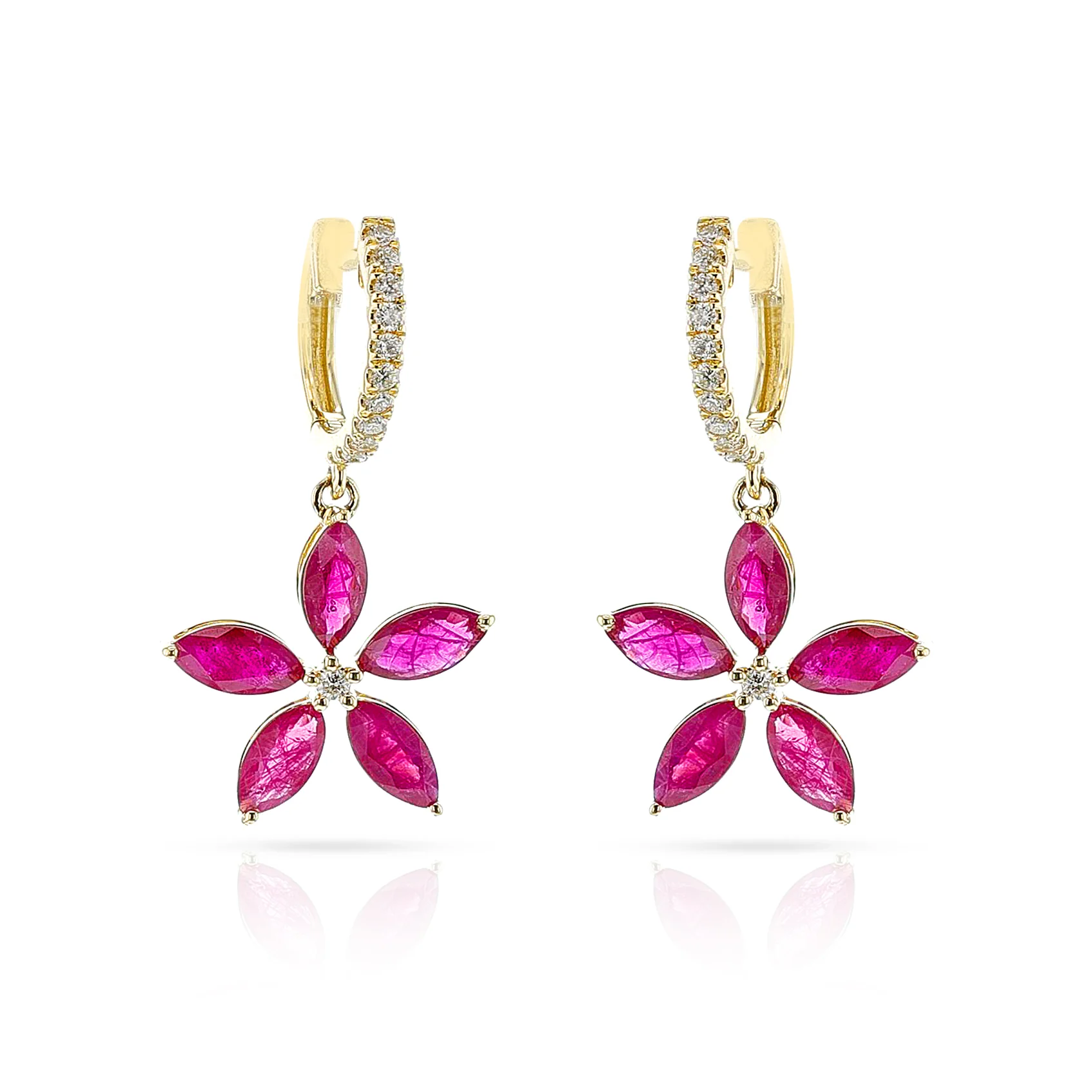 Marquise Floral Ruby and Diamond Hoop Earrings, 18k