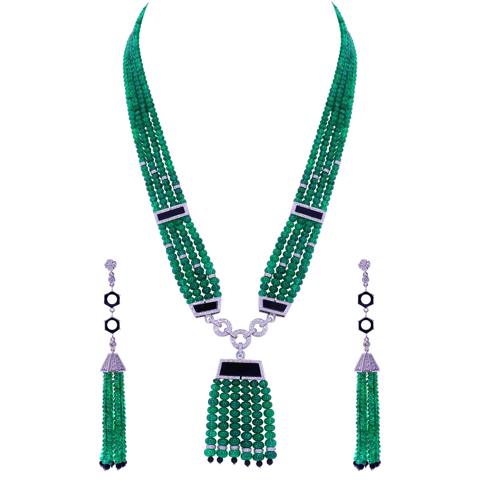 Emerald Beads and Diamond Necklace with Onyx