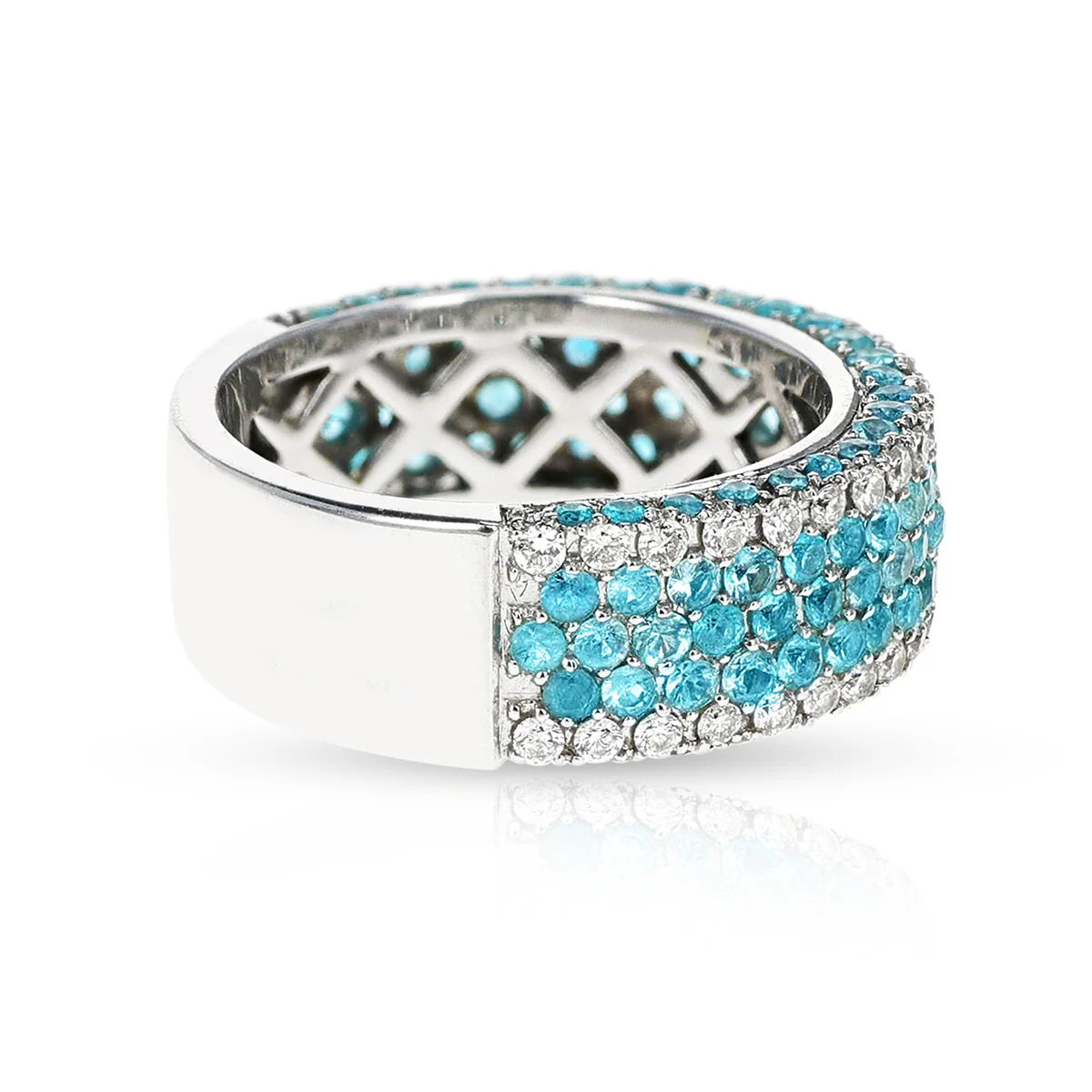 Brazilian Paraiba Tourmaline and Diamond Five Row Pave Ring