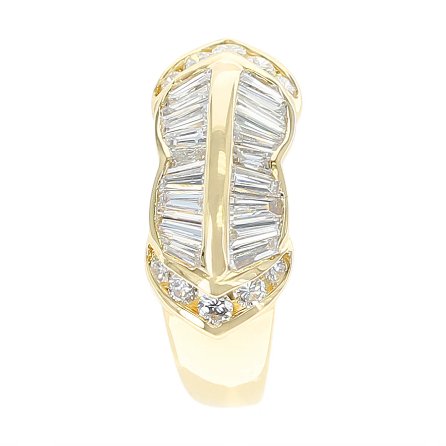 Wavy Two Row Diamond Baguette Ring with Round Diamonds, 18K Yellow Gold