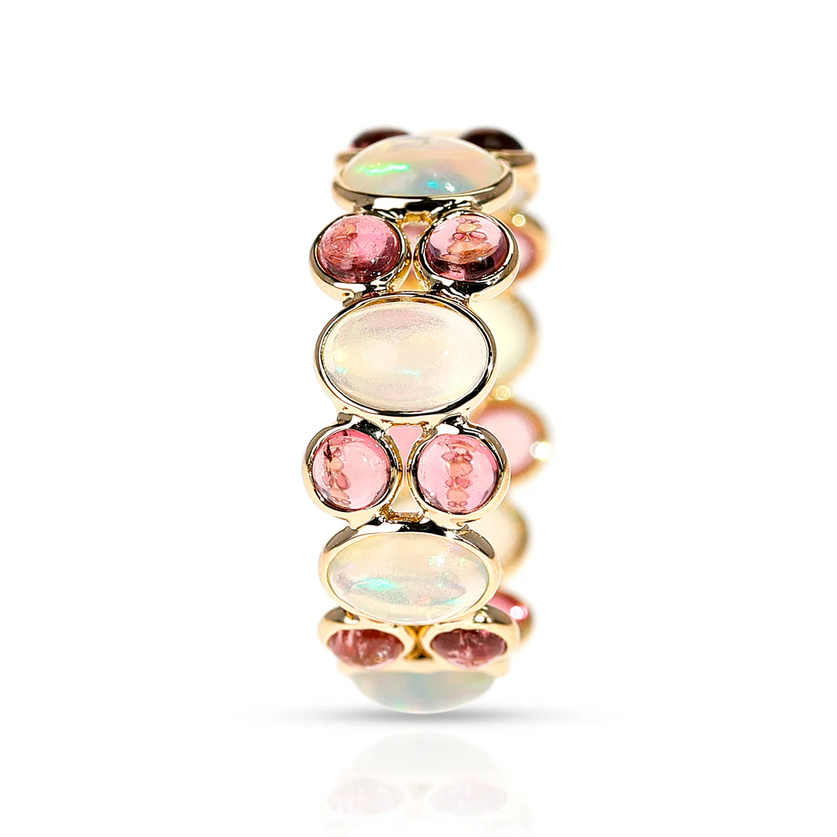 Oval Opal and Double Round Tourmaline Cabochon Band, 18K Yellow Gold
