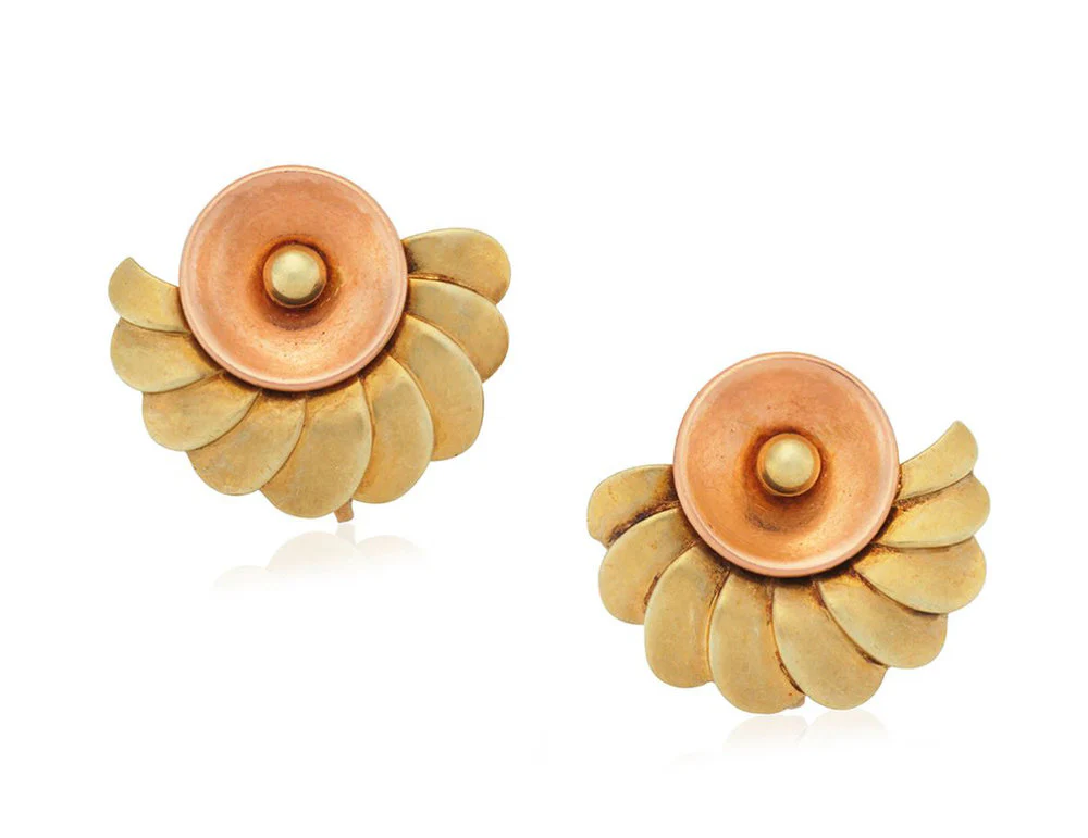 Two Tone Retro Fan-Style Earrings, 14K Rose & Yellow Gold