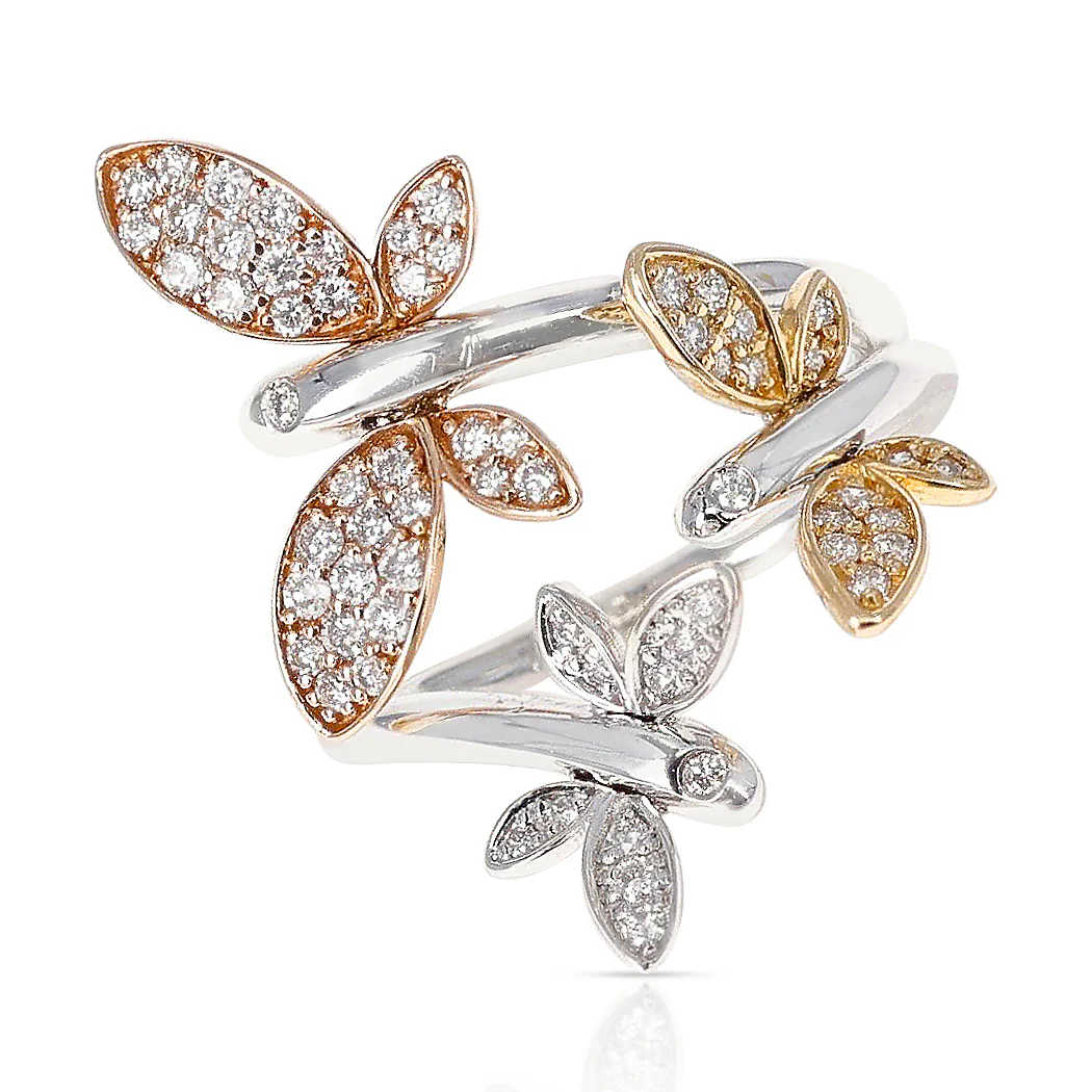 Yellow, White and Rose 18 Karat Gold Three Butterfly Ring with Diamonds