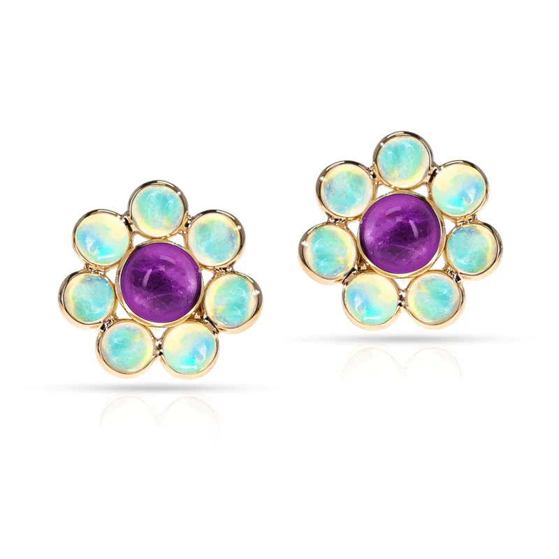 Opal and Turquoise Floral Earrings, 18k Yellow Gold