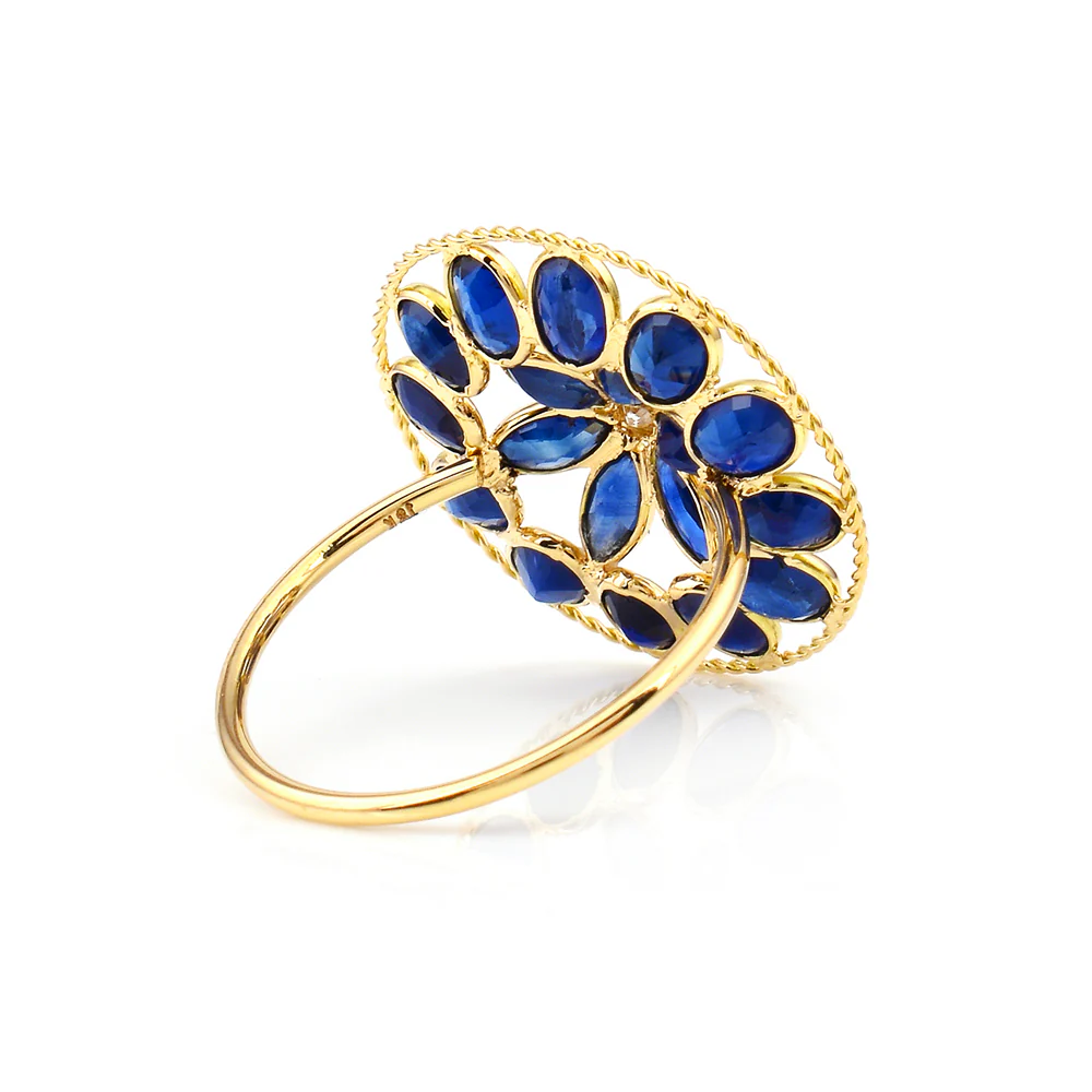 Blue Sapphire and Diamond Floral Ring, 18K Yellow Gold