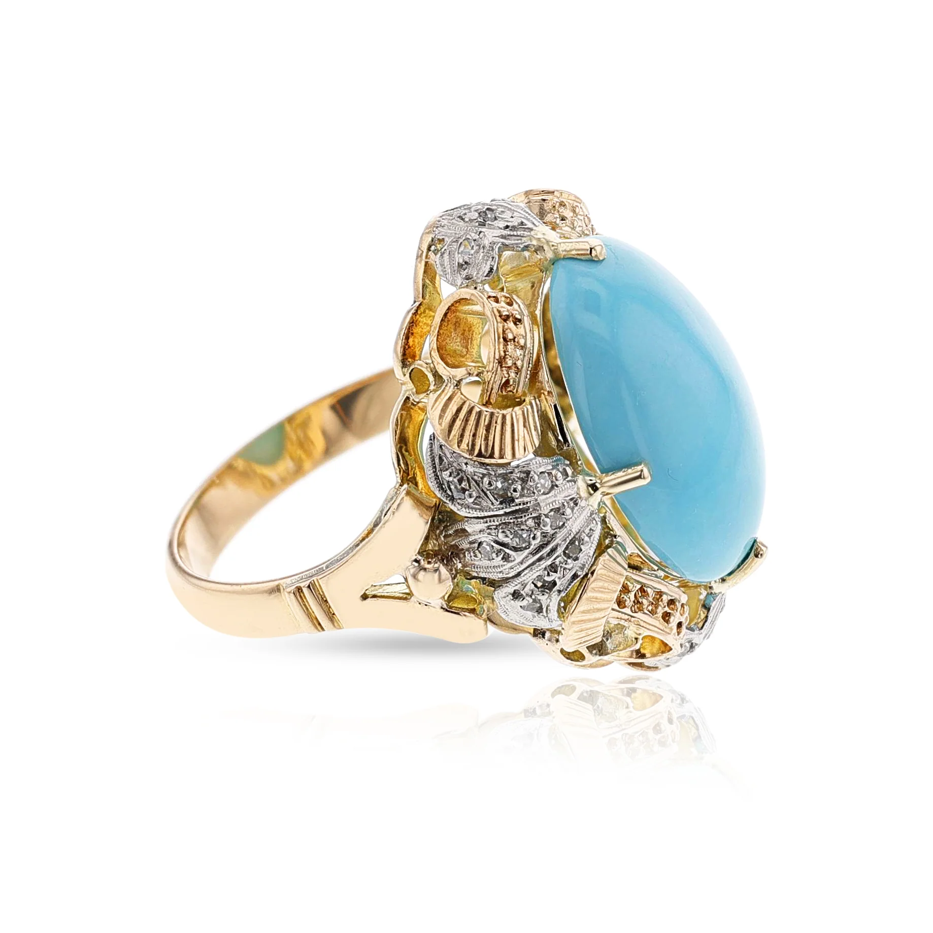 Antique Turquoise Cabochon and Diamond Ring, 18k