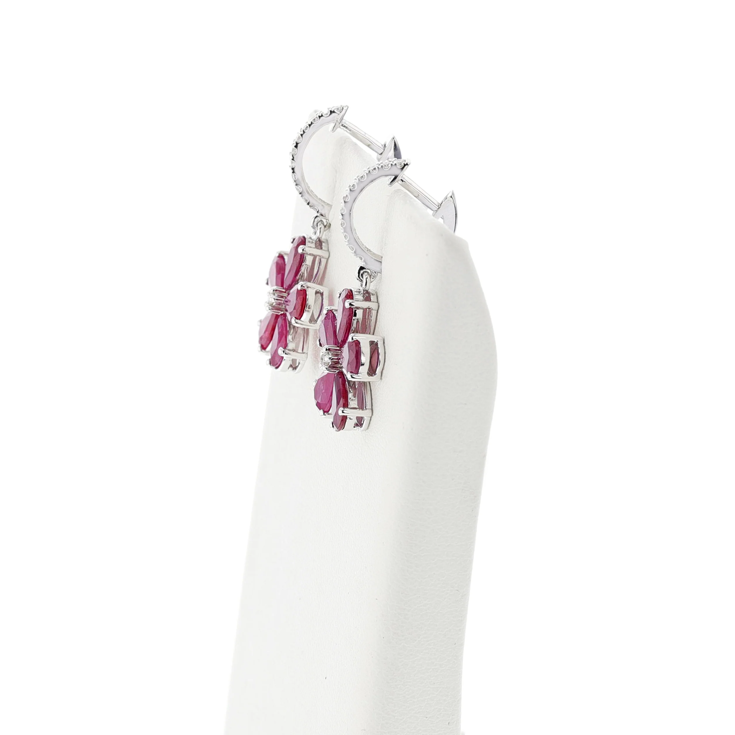 Floral Pear Ruby and Diamond Dangling Hoop Earrings, 14k White Gold