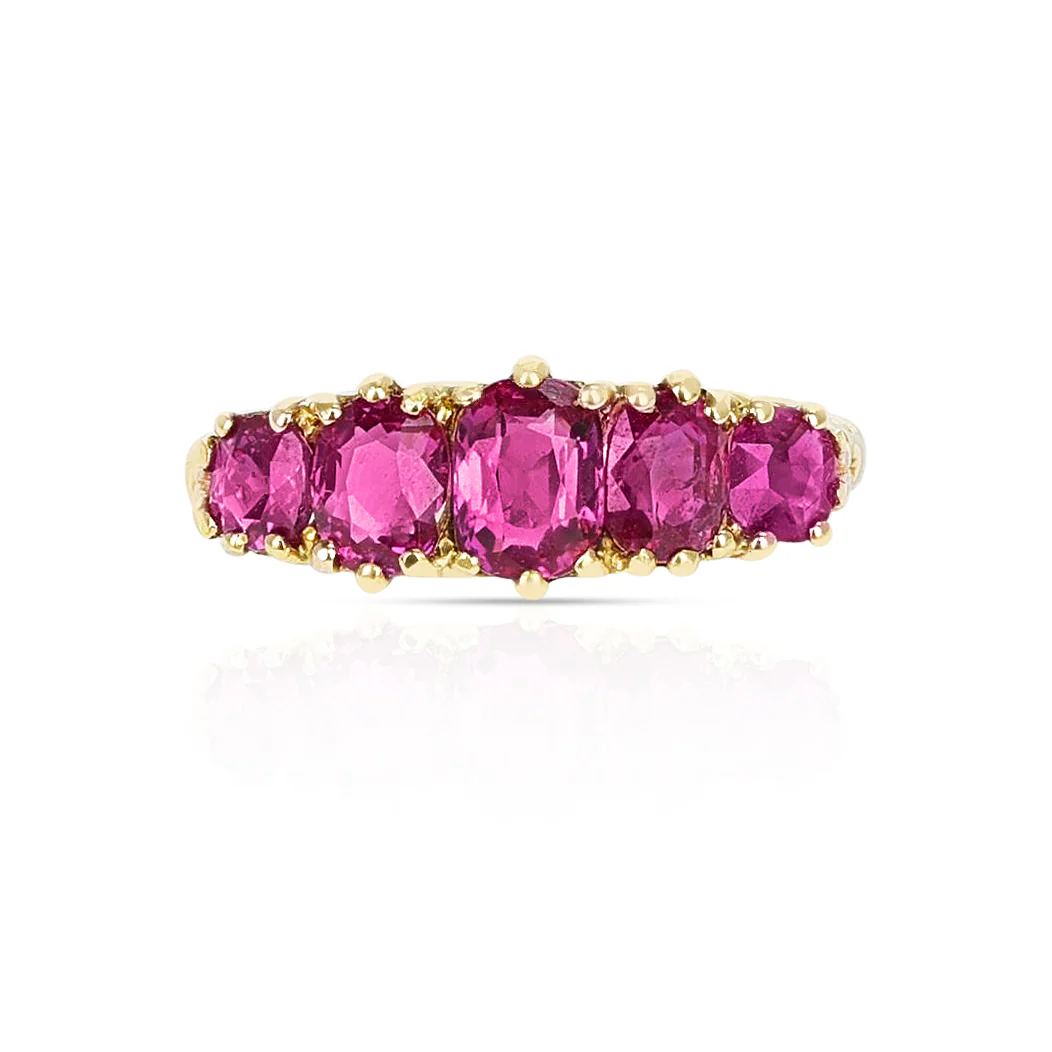 Five Stone Ruby Oval and Round Victorian Ring, 18K Yellow