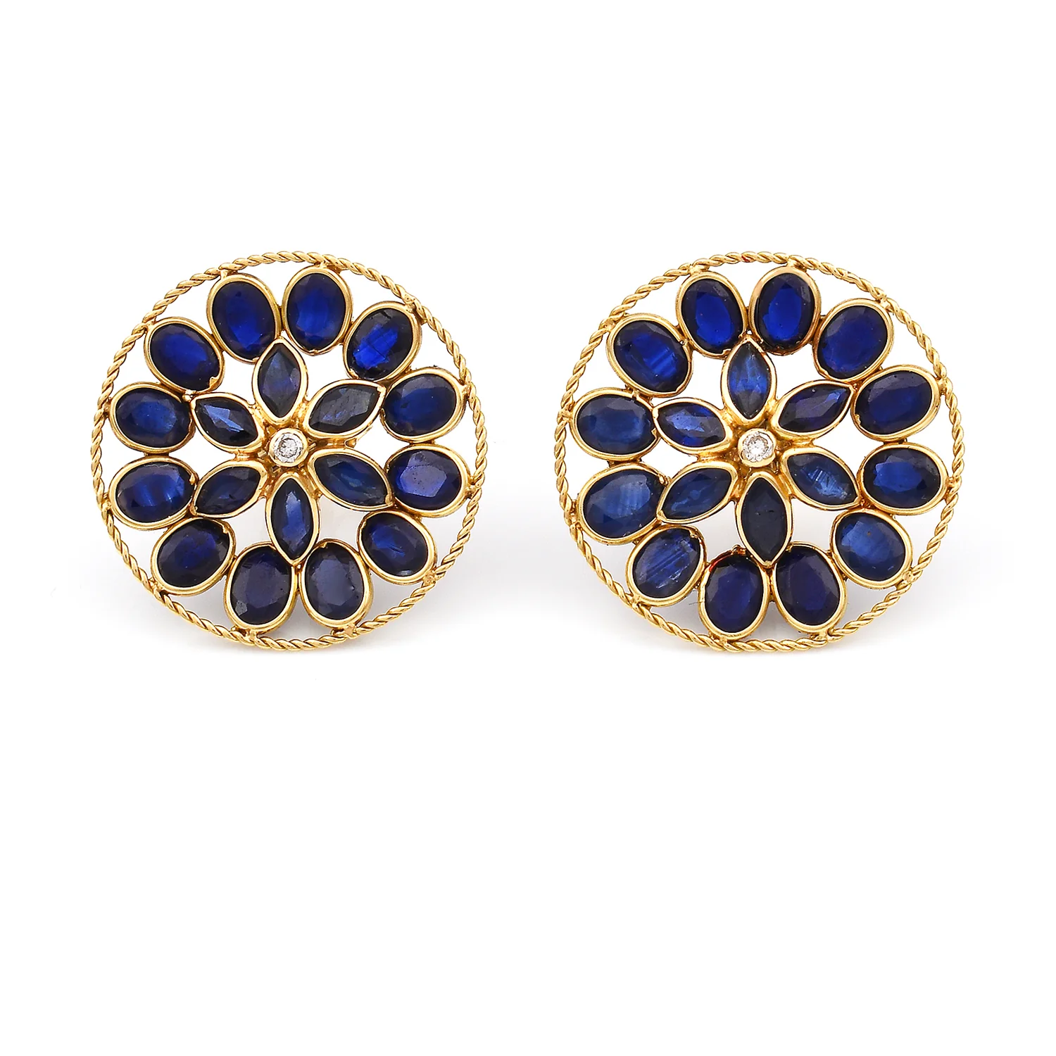 Blue Sapphire Oval and Pear Shape Bezel Set Earrings