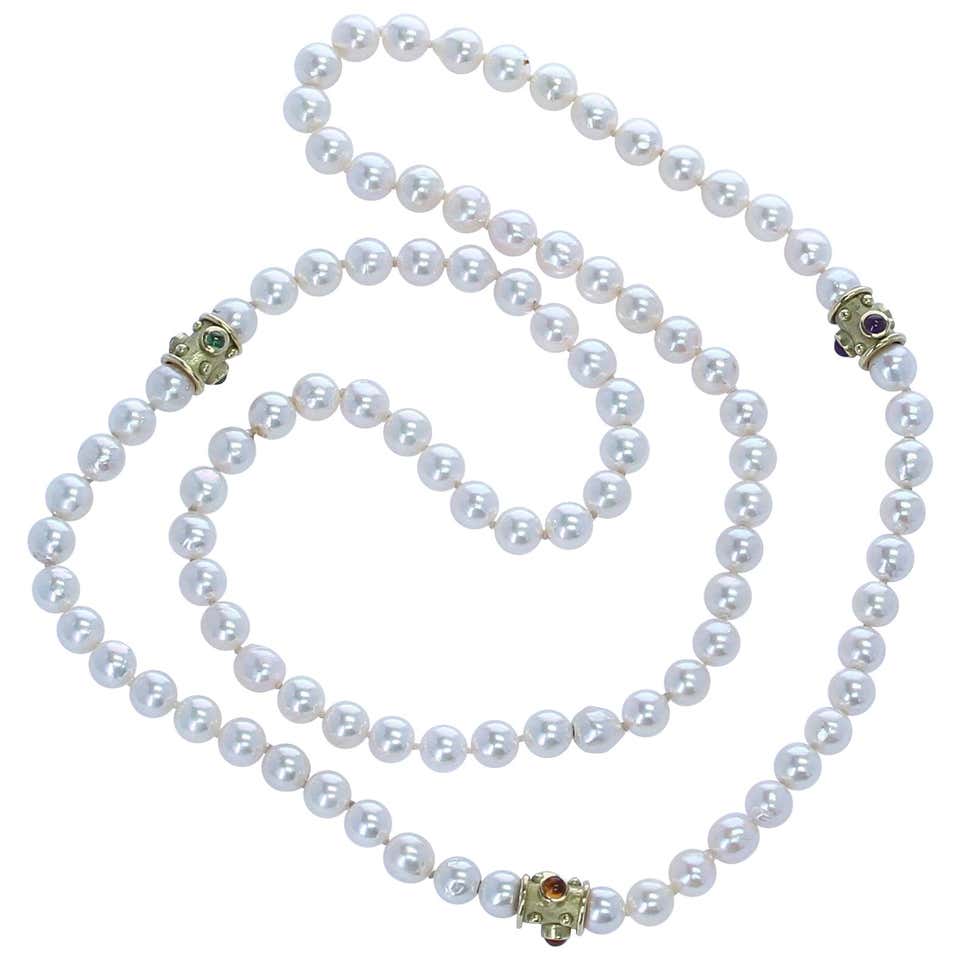Pearl Beads Necklace with Gold and Cabochon Spacers