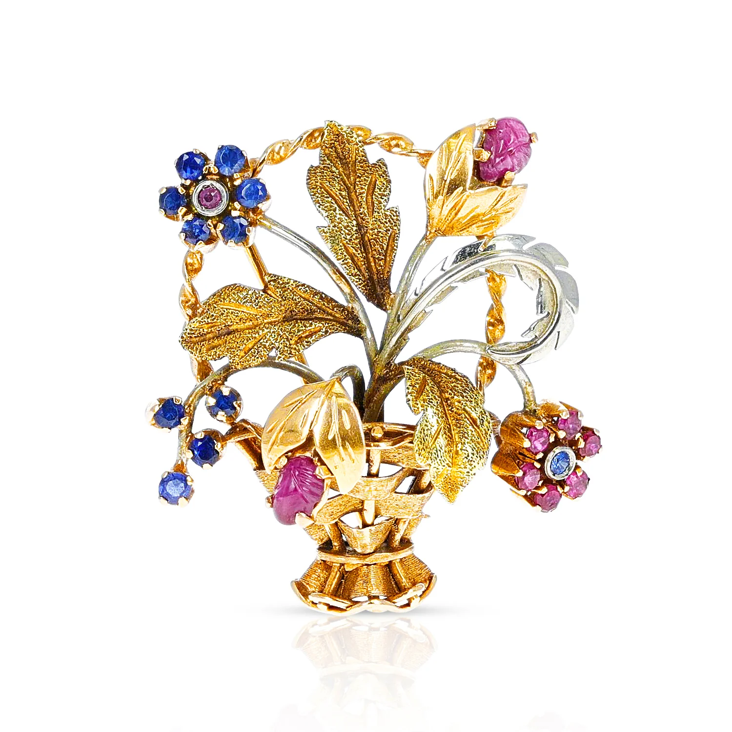 Cartier Ruby and Sapphire Flower Bouquet Brooch, 18 Karat Two Tone Gold