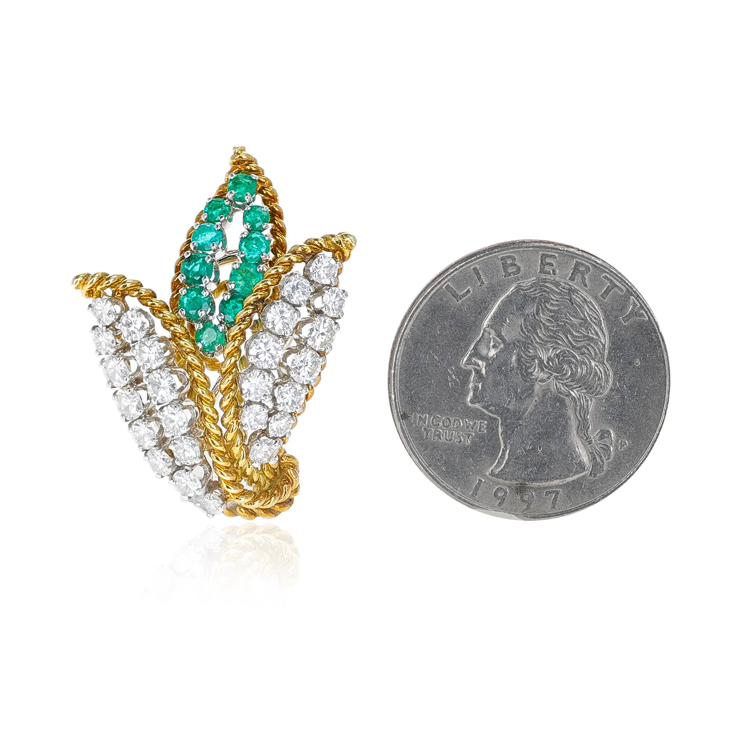 Round Diamonds and Emeralds Three Leaf Design Earrings, 18K and Platinum