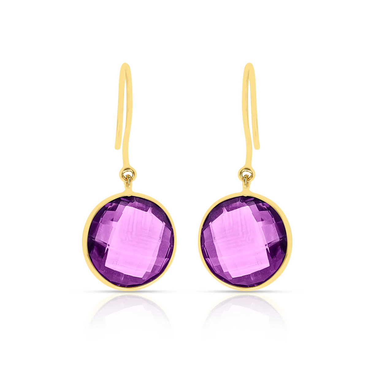 Amethyst Round Shape Dangling Earrings made in 18 Karat Yellow Gold.