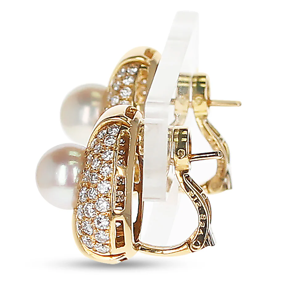 Cartier 8MM Pearl and Diamond Oval-Shape Earrings, 18 Karat Yellow Gold