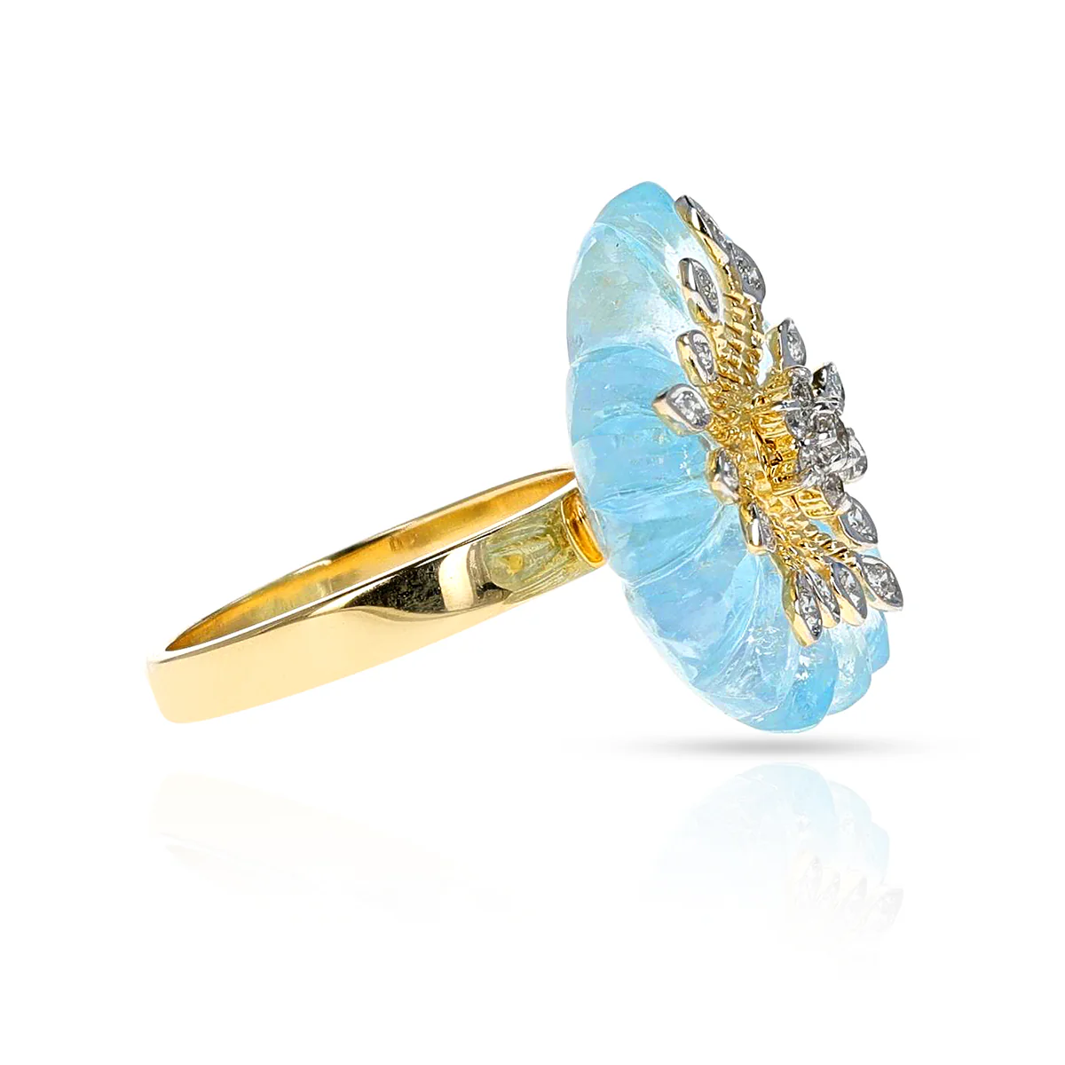 Blue Topaz Carved Floral Ring with 14k Gold and Diamonds