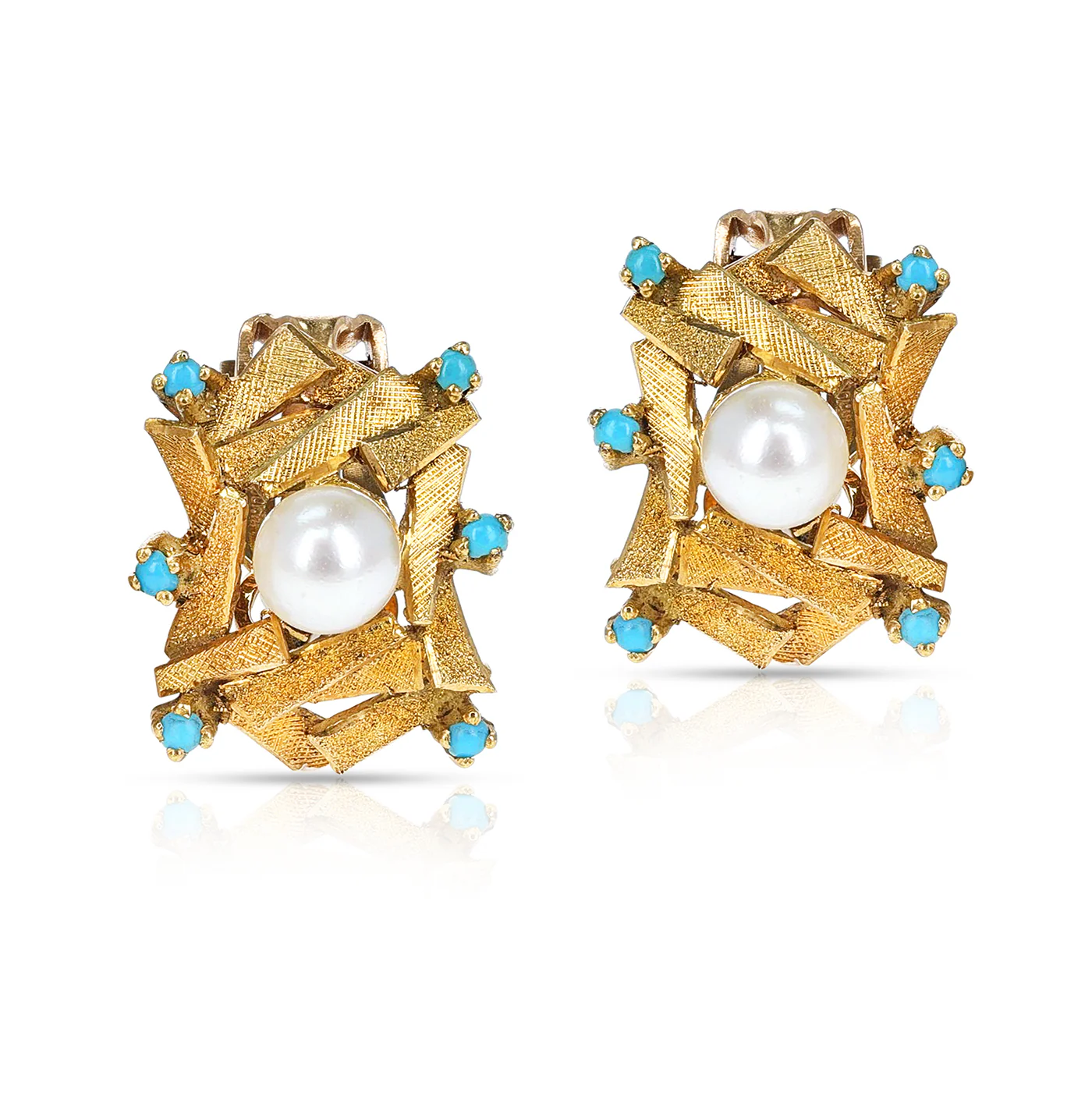 Turquoise Cabochon, Gold, and Pearl Earring, Part of Set