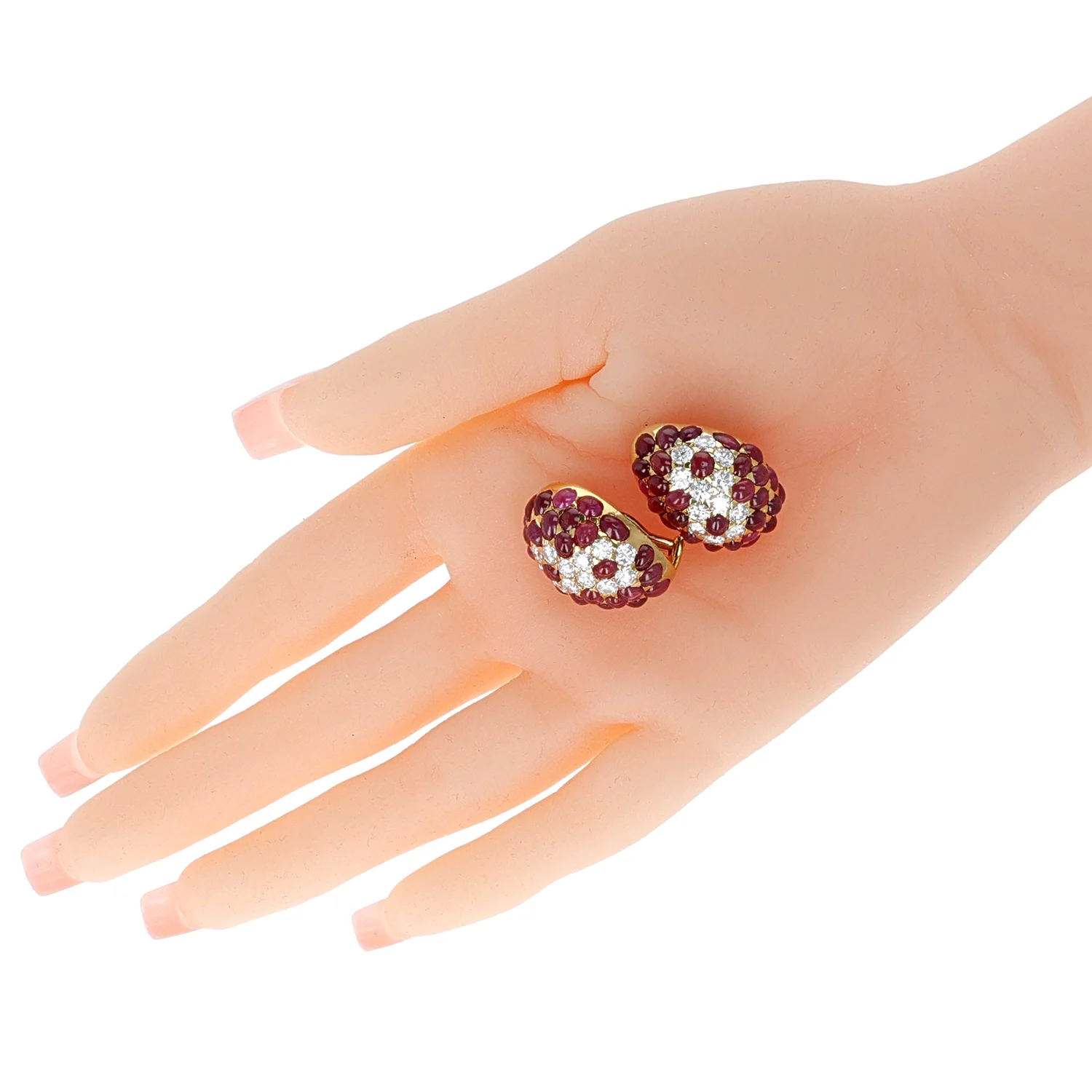 17 ct. Ruby Cabochon and 4 ct. Round Diamond Cluster Earrings, 18K