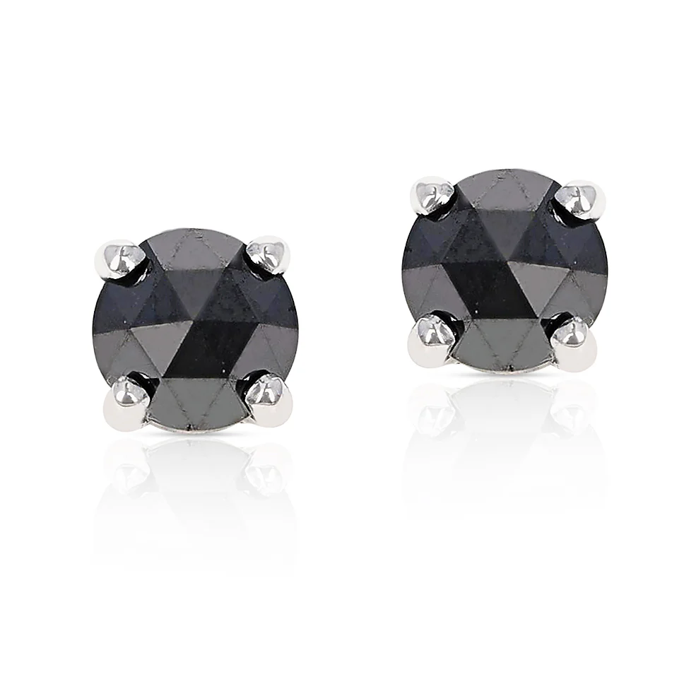 Rose Cut Black Diamond Stud Earrings Made in 14k White Gold