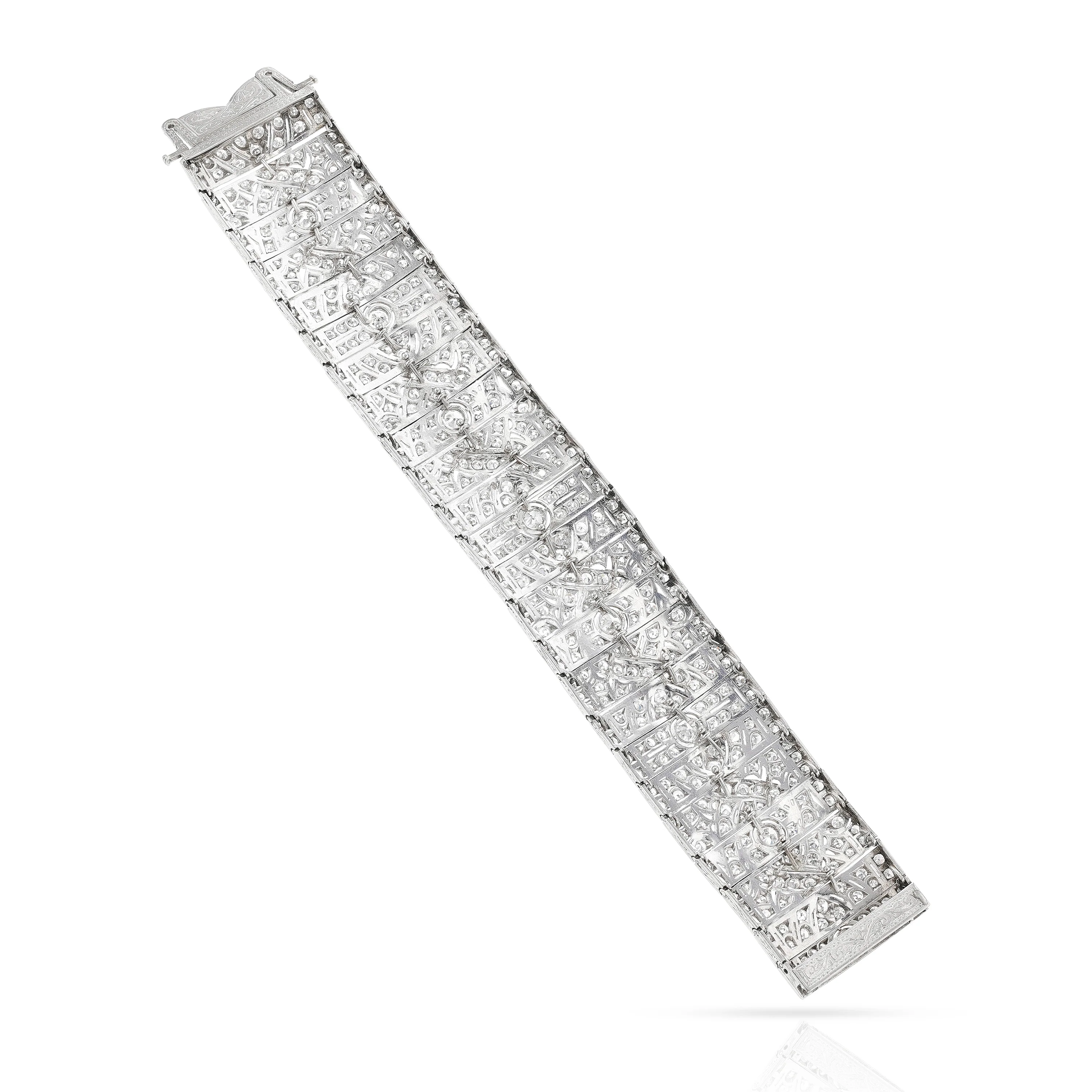 Wide Platinum Diamond Art Deco Bracelet