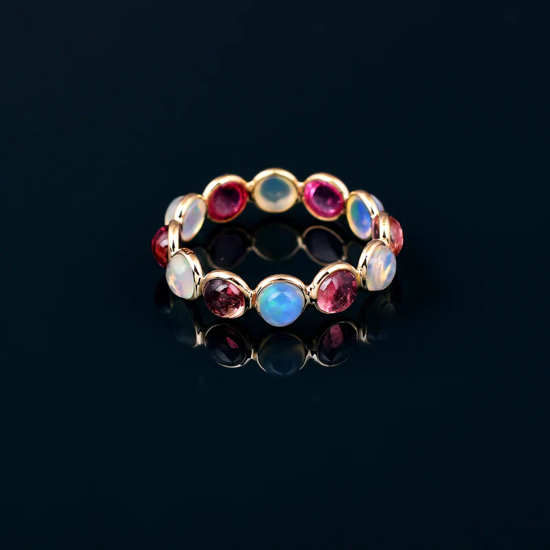Mixed Semi-Precious Round Cabochon Band, Yellow Gold