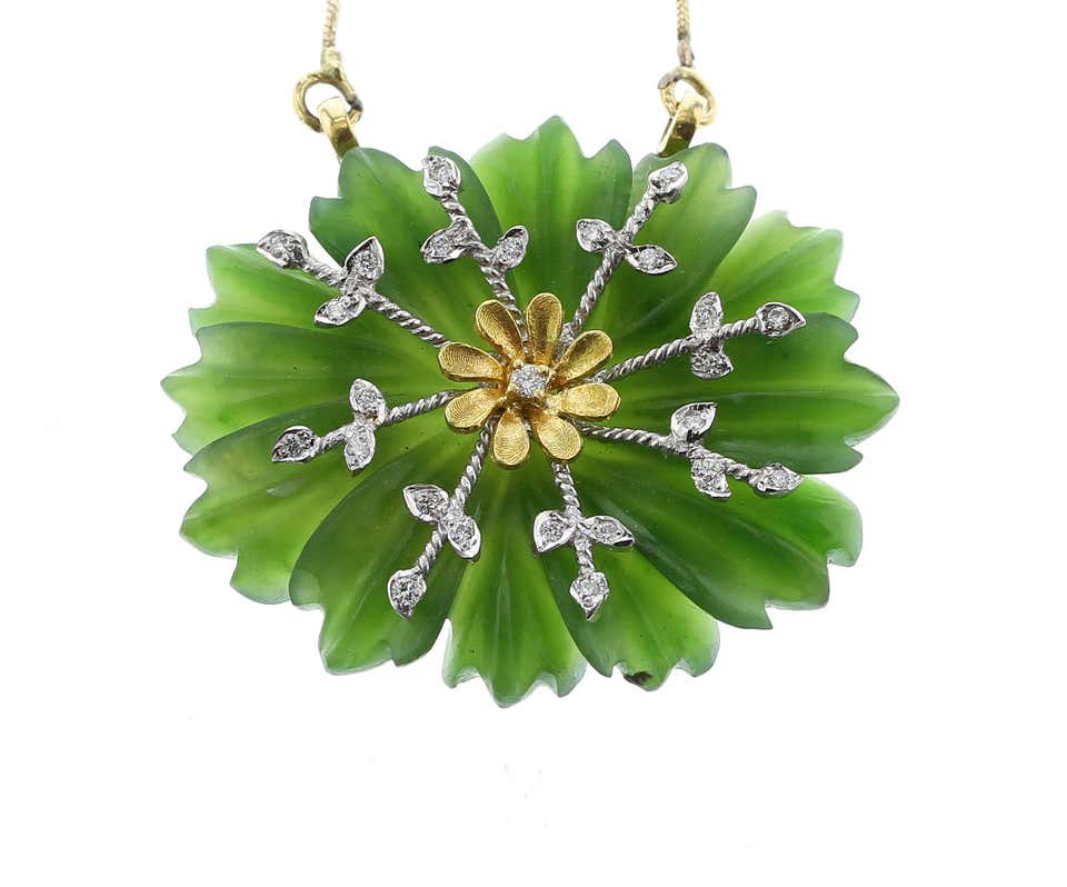 Carved Floral Jade Pendant with Diamonds