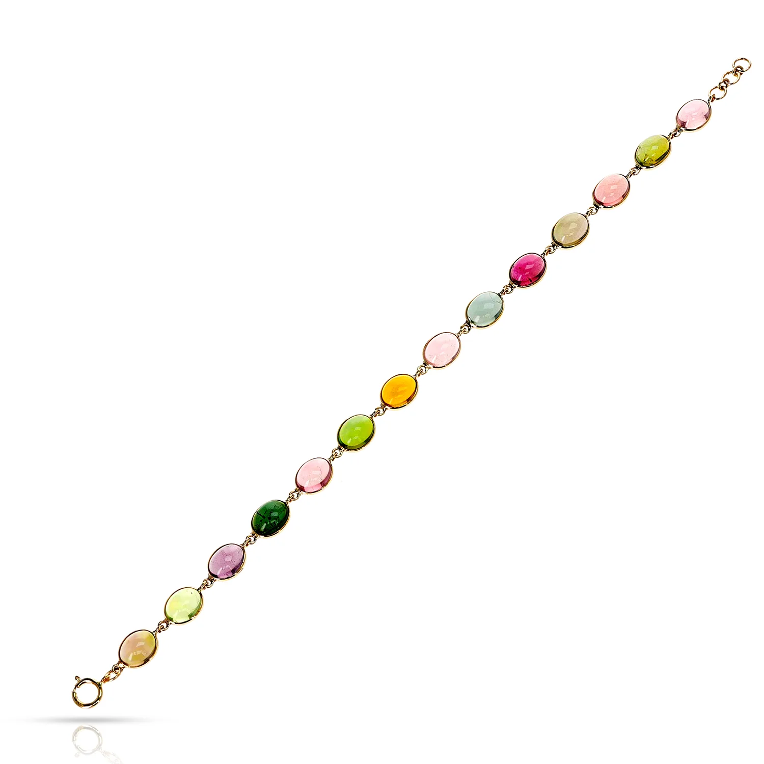 Oval Multi Color Tourmaline Cabochon, 18k Yellow Gold Bracelet