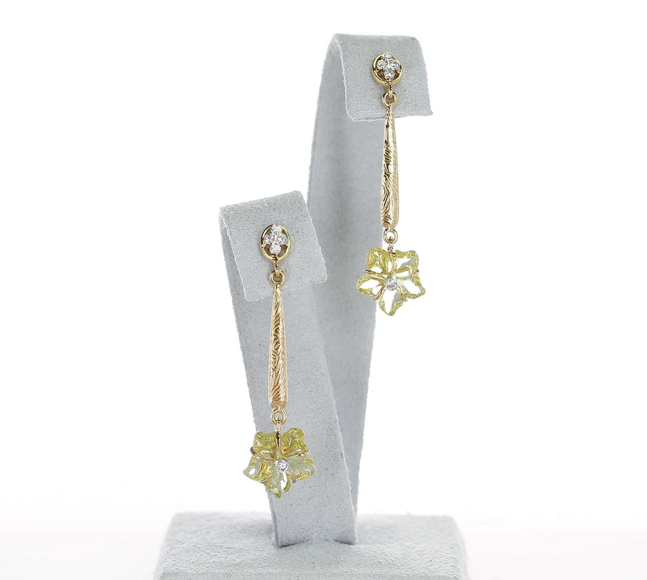 Carved Floral Lemon Topaz Drop Earrings with Diamonds, 14 Karat Gold