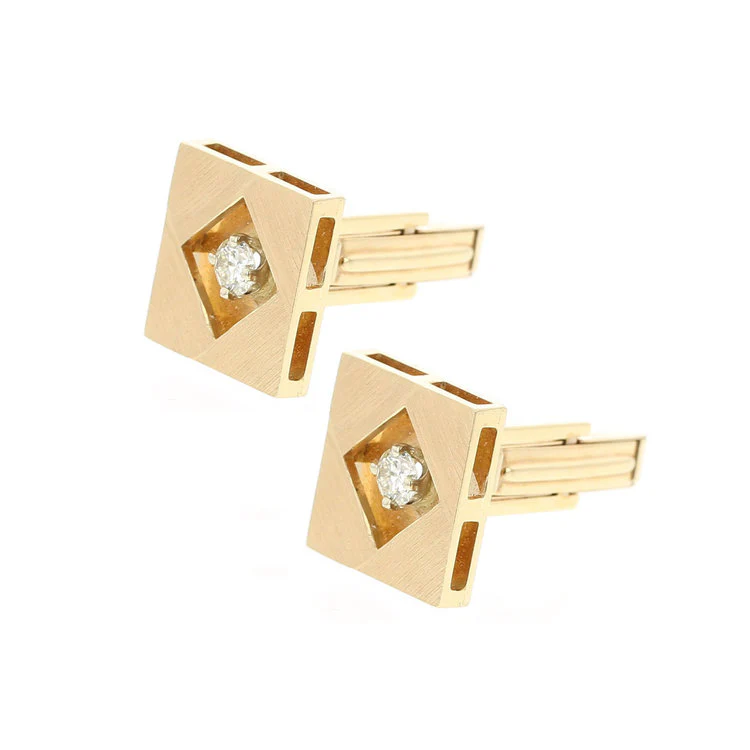 Square Gold and Diamond Cufflinks, 14K Yellow Gold