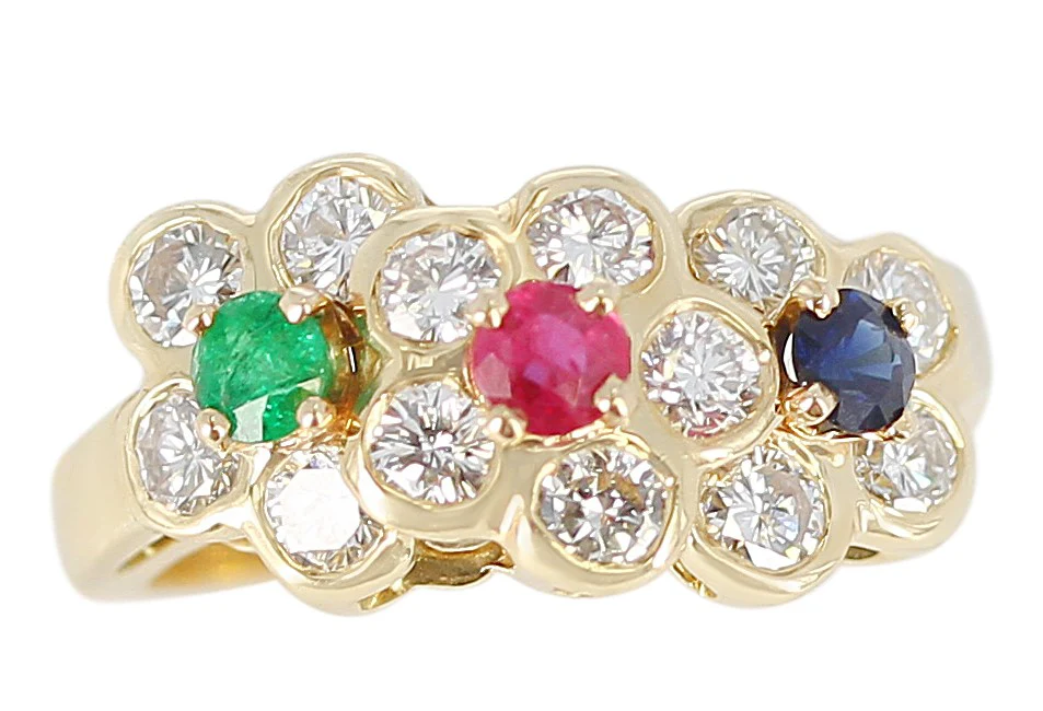 Van Cleef and Arpels Tri-Floral Emerald, Ruby, Sapphire and Diamond Ring, 18K