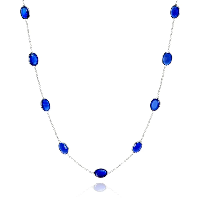 Oval Shape Blue Sapphire Necklace, 18 Karat Gold